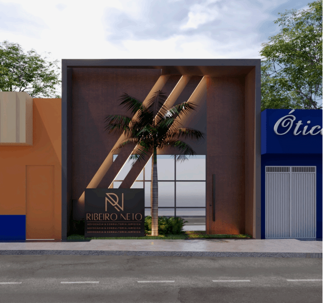 Fachada do escritório Ribeiro Neto — edifício moderno com logotipo e palmeiras
