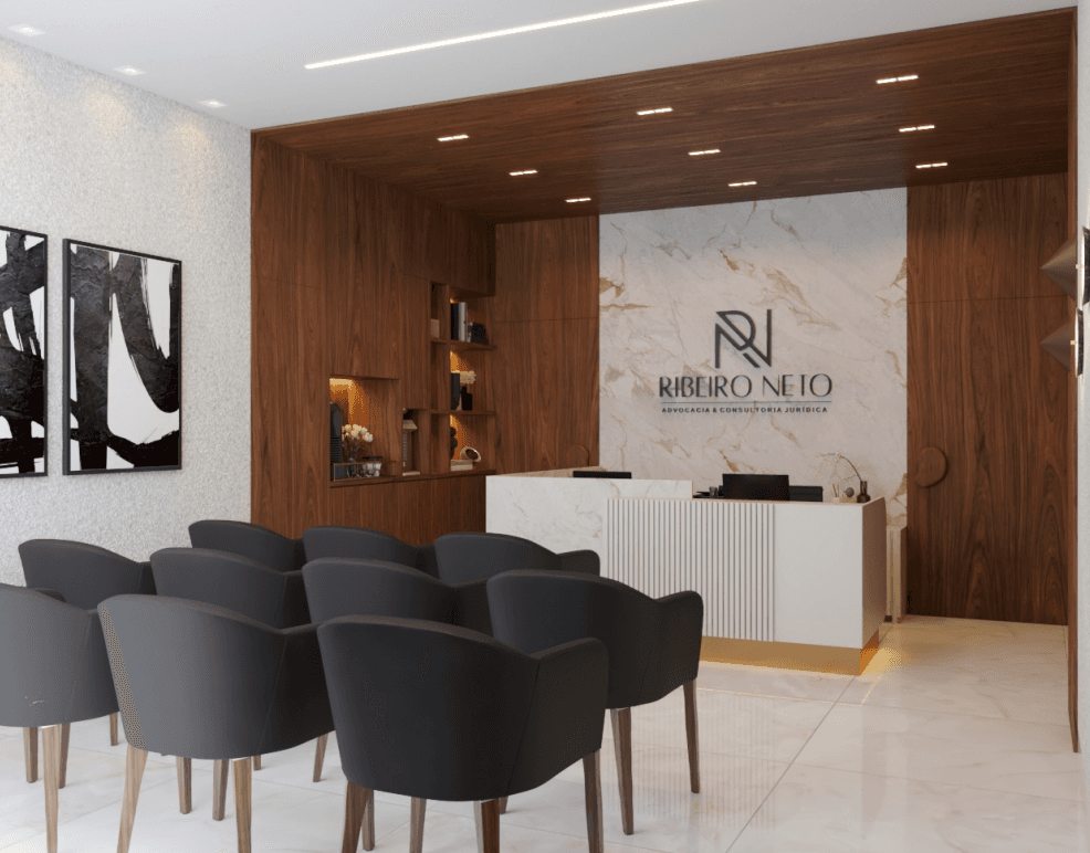 Recepção do escritório Ribeiro Neto — ambiente elegante com parede em mármore e painéis em madeira
